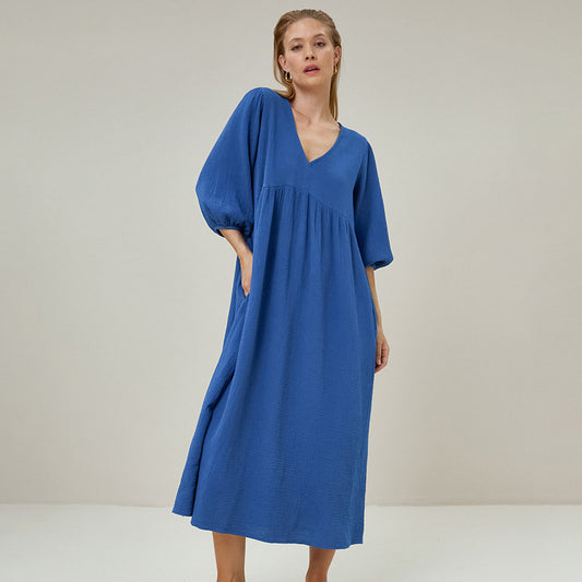 Women's Loose Blue Pure Cottom Long Nightdress