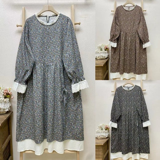 Women's Loose Casual Patchwork Fake Two-piece Long Sleeve Floral Dress