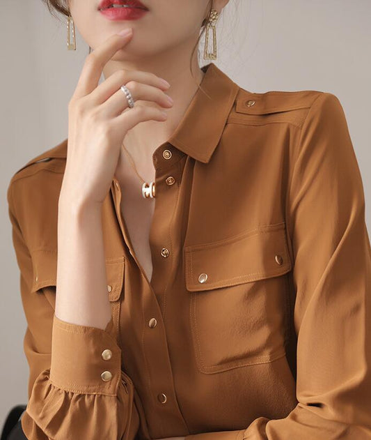 Women's Long-sleeved Solid Color  Silk Shirt