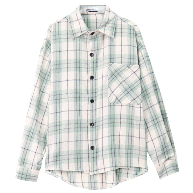 Camisa a cuadros verde Top Lazy Loose Polo Collar Mujer