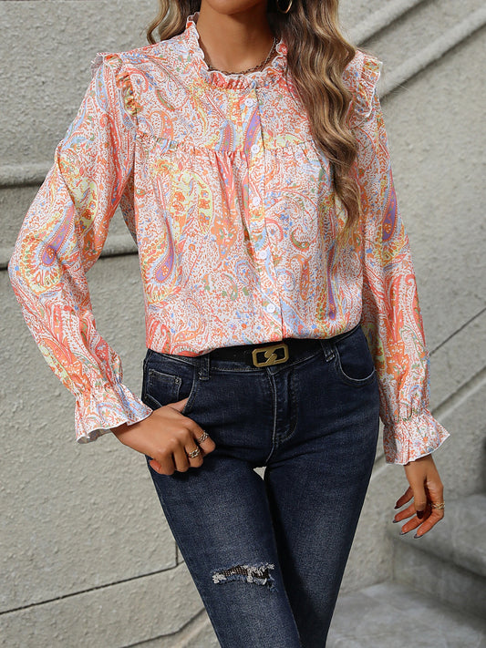 Frill Printed Mock Neck Long Sleeve Shirt