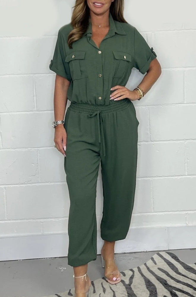 All-matching Solid Color Casual Polo Collar Shirt Wide Leg Jumpsuit For Women