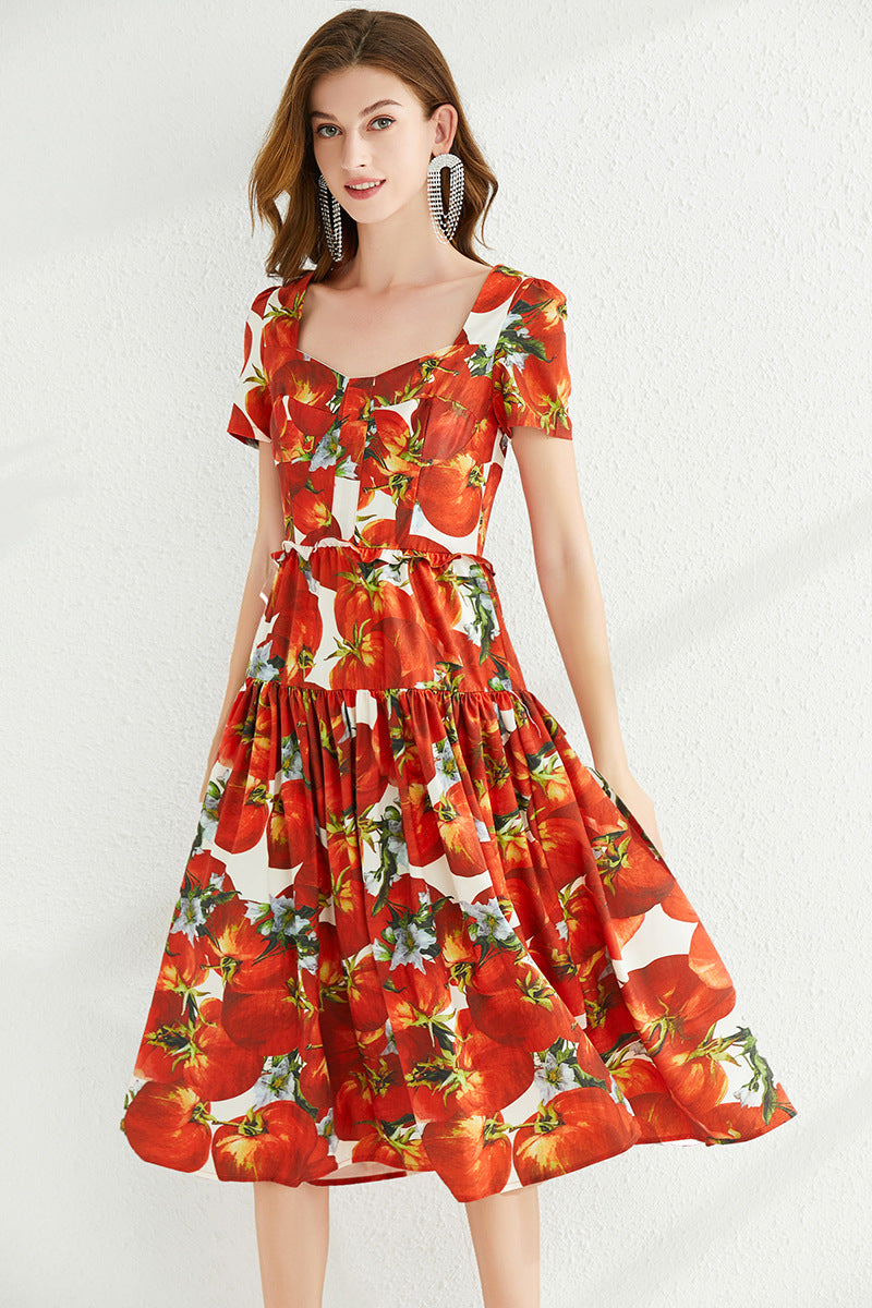 Tomato Red Blossom Color Court Retro Big Swing Square Collar Backless Dress