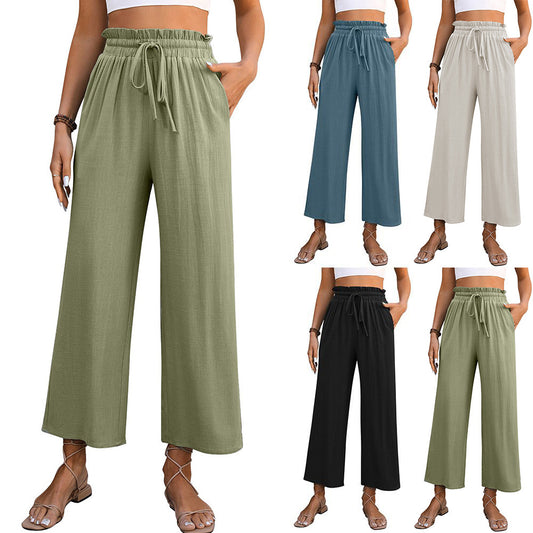 Pantalones rectos de cintura alta con cordón, pantalones de pierna ancha holgados informales de Color sólido para verano, ropa para mujer