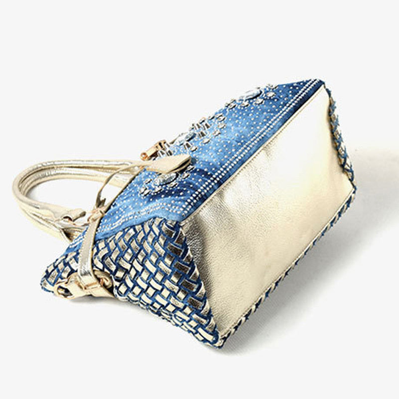 Female Inlaid Glass Rhinestone Small Buckle Lock Denim Single Shoulder Messenger Bag