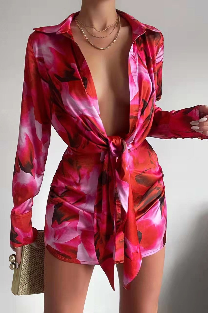 Women's Digital Print Button Down Long Sleeve Shirt Dress