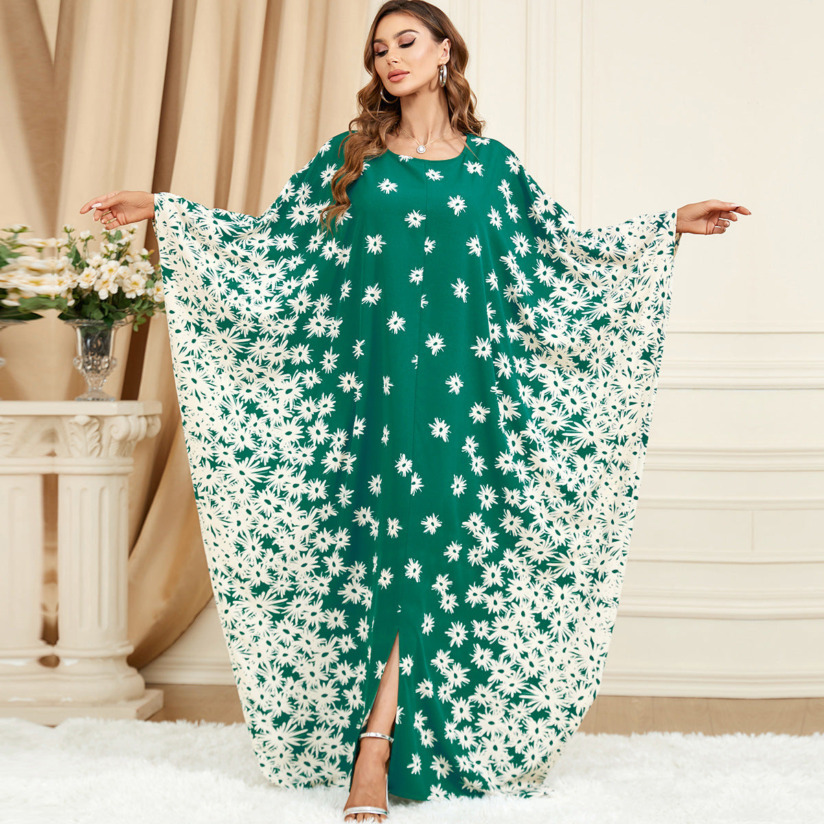 Grünes, lockeres, modisches Plus-Size-Kleid mit Fledermausärmeln