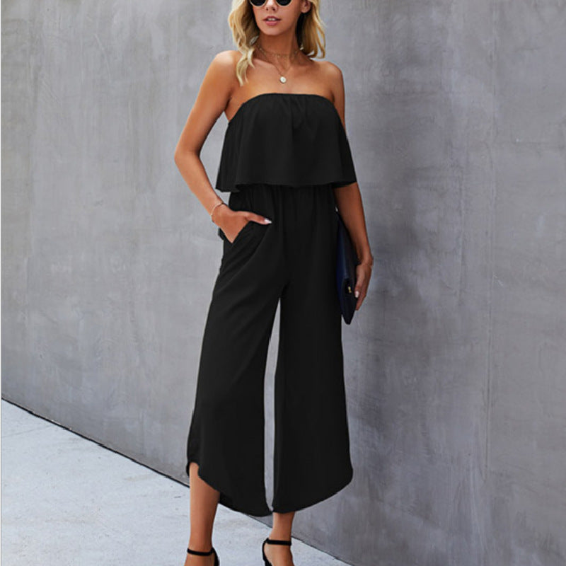 Einfarbiger schulterfreier Jumpsuit mit geradem Bein