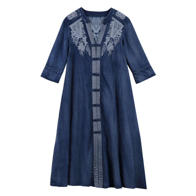 Embroidered Plus Size Women's Mid-sleeve Denim Dress