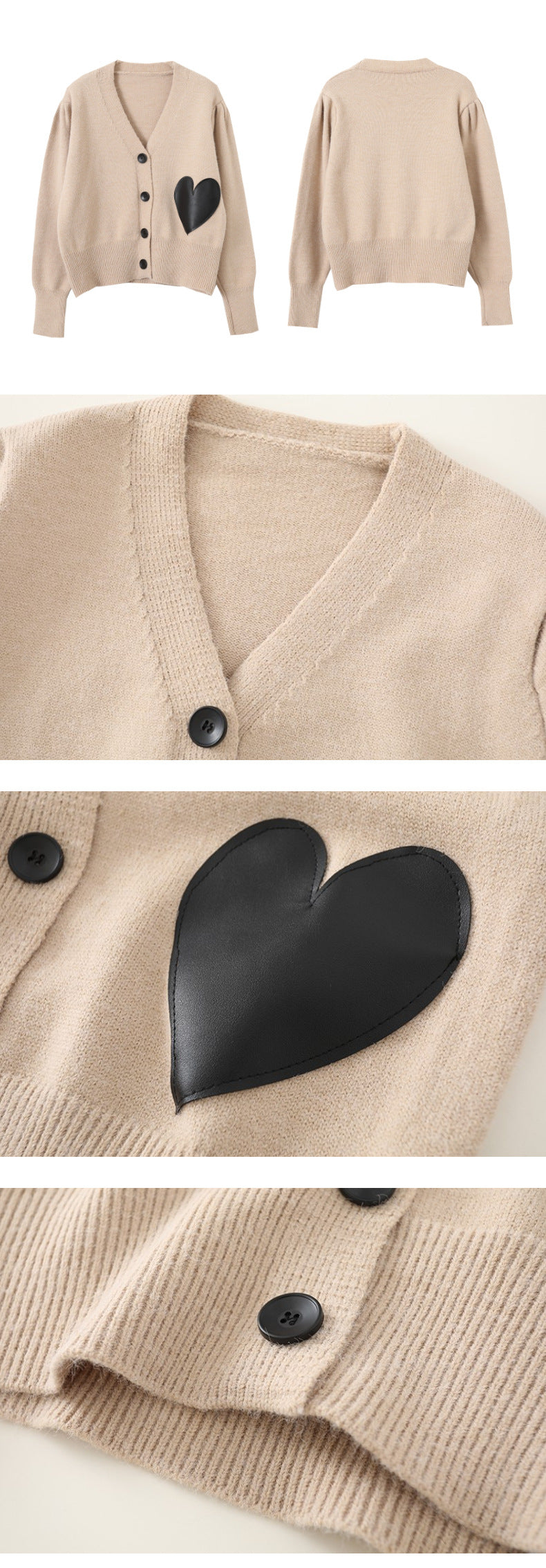 Contrasting Color Leather Label Big Love V-neck Knitted Cardigan