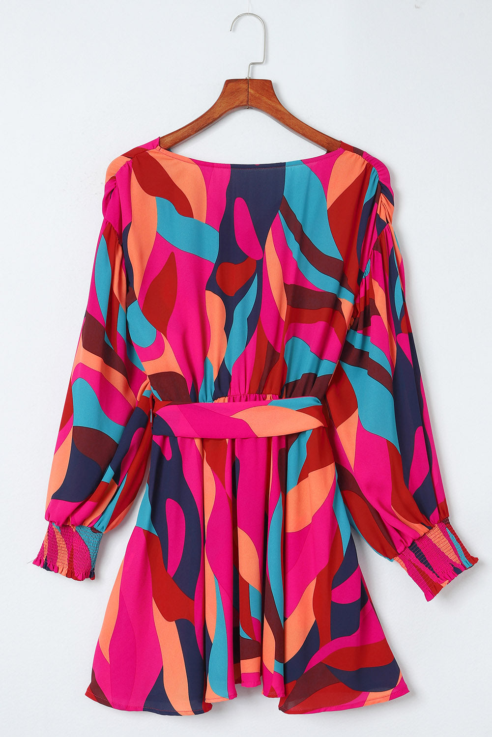 Fiery Red Abstract Printed Belted Puff Sleeve Mini Dress