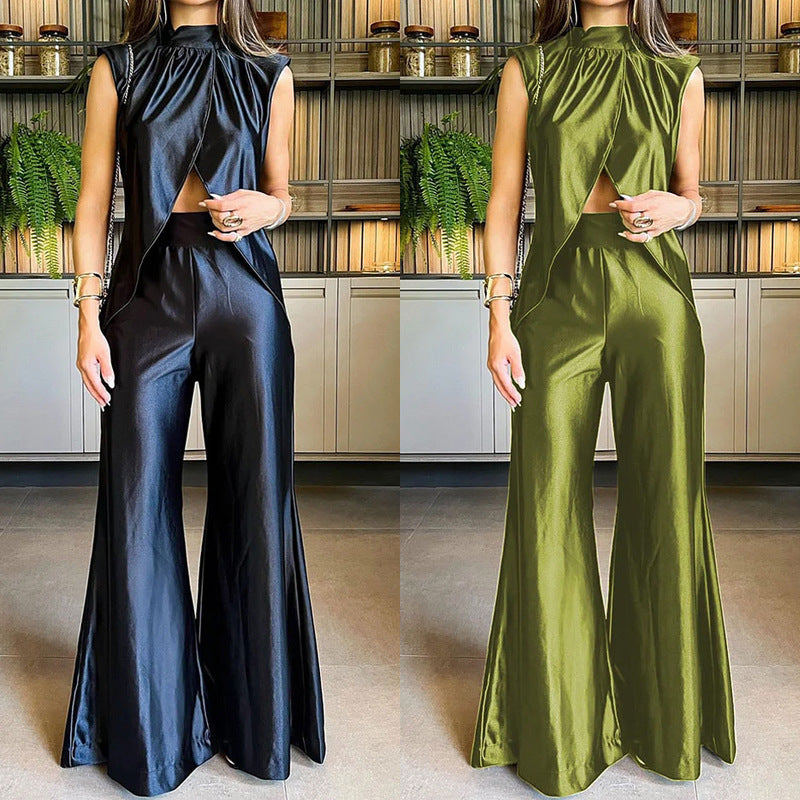 Solid Color Turtleneck Hollow-out Cinched Bell-bottom Pants Fashion Casual Set