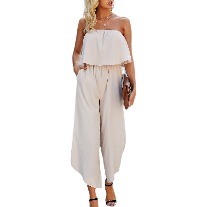 Solid Off-shoulder Straight-leg Pants Jumpsuit