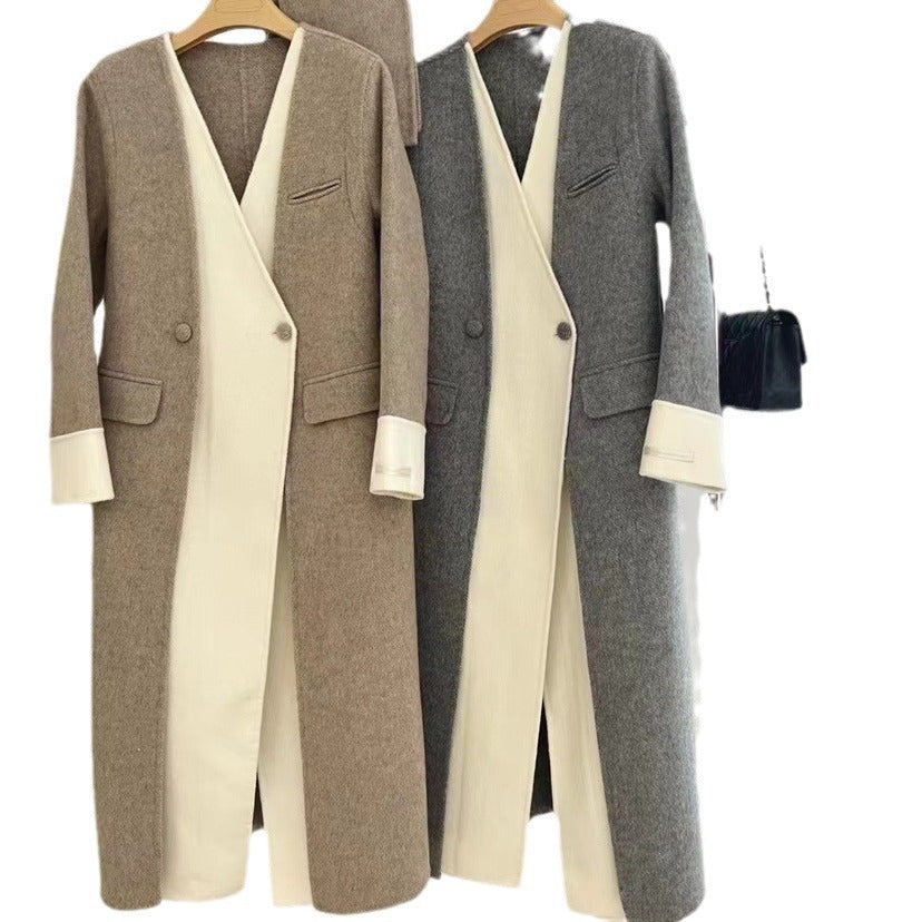 Double-sided Wool Overcoat V-neck Scarf Reversible Woolen Jacket