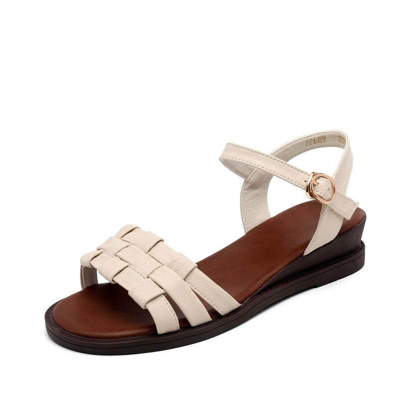 Retro-Sandalen für Damen aus echtem Leder mit flacher, weicher Unterseite