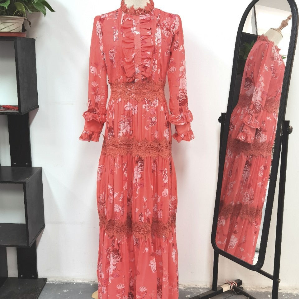 Early Spring Chiffon Fashion Temperament Commute High Waist Print Long Dress