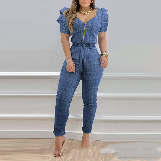 Europäischer und amerikanischer Jumpsuit mit Puffärmeln und Schnürung für Damen