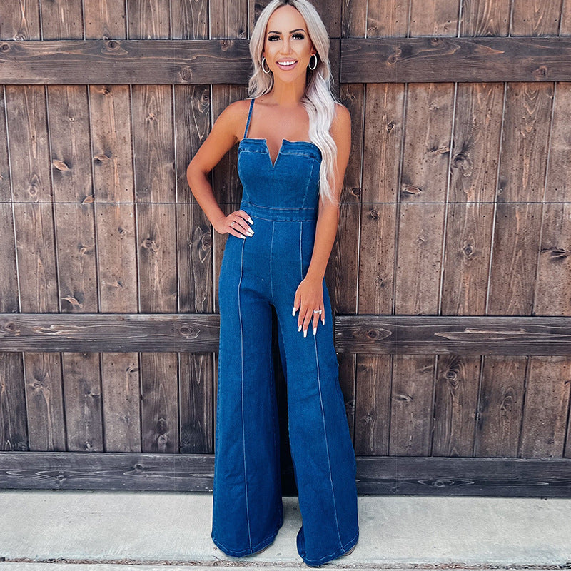 Denim Jumpsuit Women's Spaghetti Strap High Waist