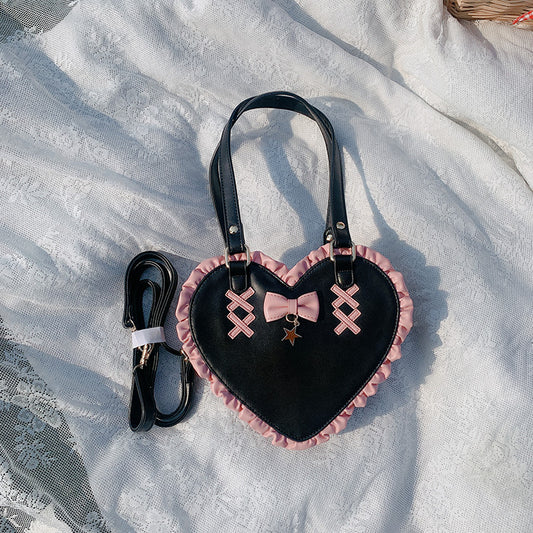 Bolso de hombro portátil cruzado de encaje con forma de corazón lindo con nudo de corazón cruzado