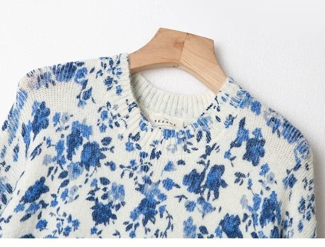 Blue Floral Print Mohair And Wool-blend Sweater