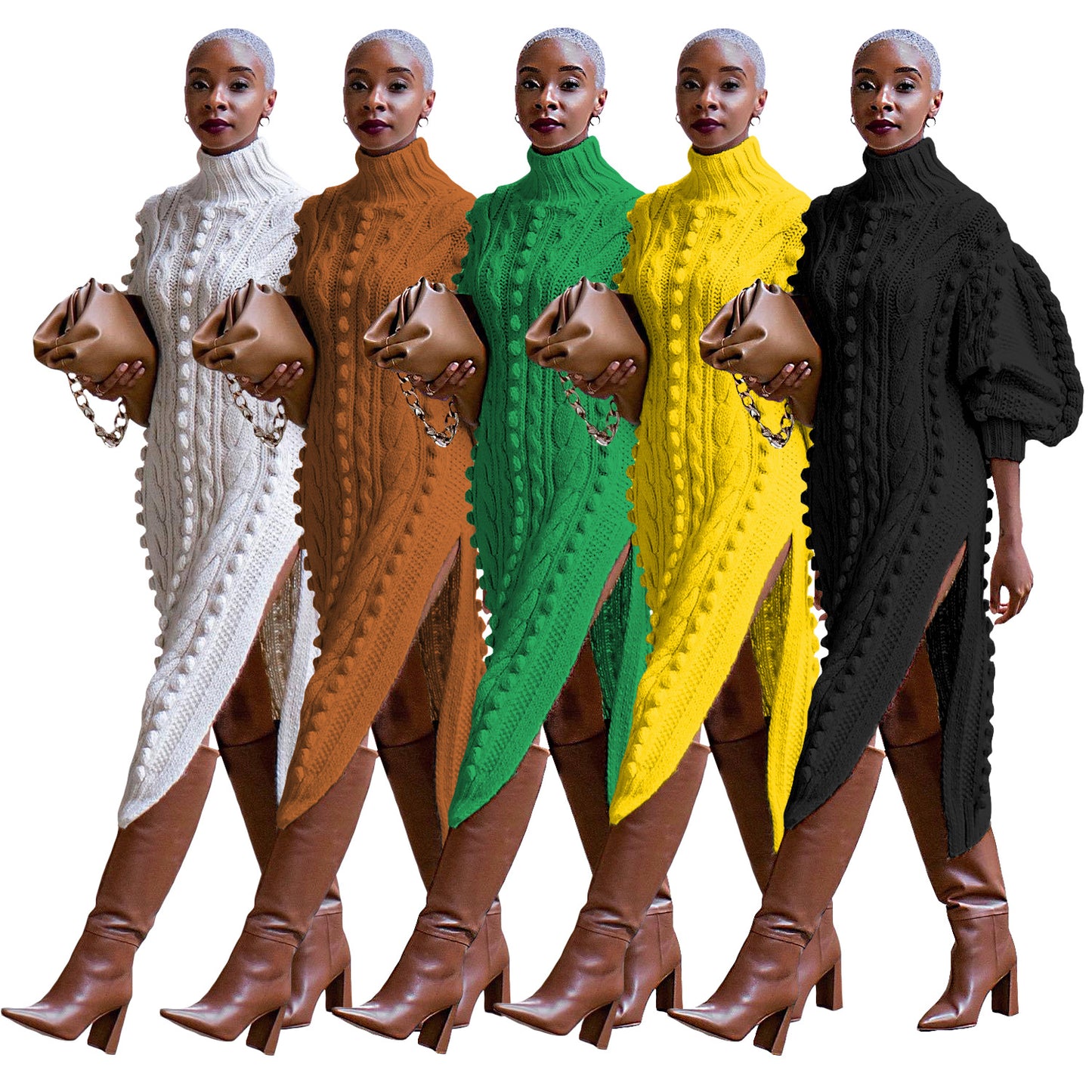 Women's Casual Turtleneck Slit Knitted Long Dress