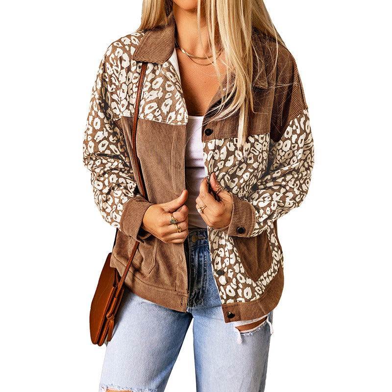 Women's Corduroy Jacket Leopard Splicing Jacket