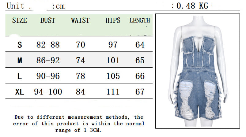 Ausgehöhlter, zerrissener Reißverschluss, kurzer Jeans-Overall mit Brustwickel für Damen