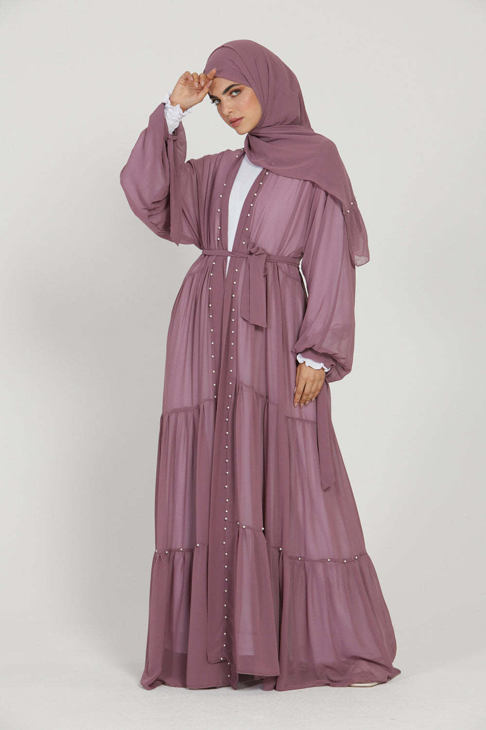 Elegant Solid Color Beaded Muslim Lacing Chiffon Cardigan Robe