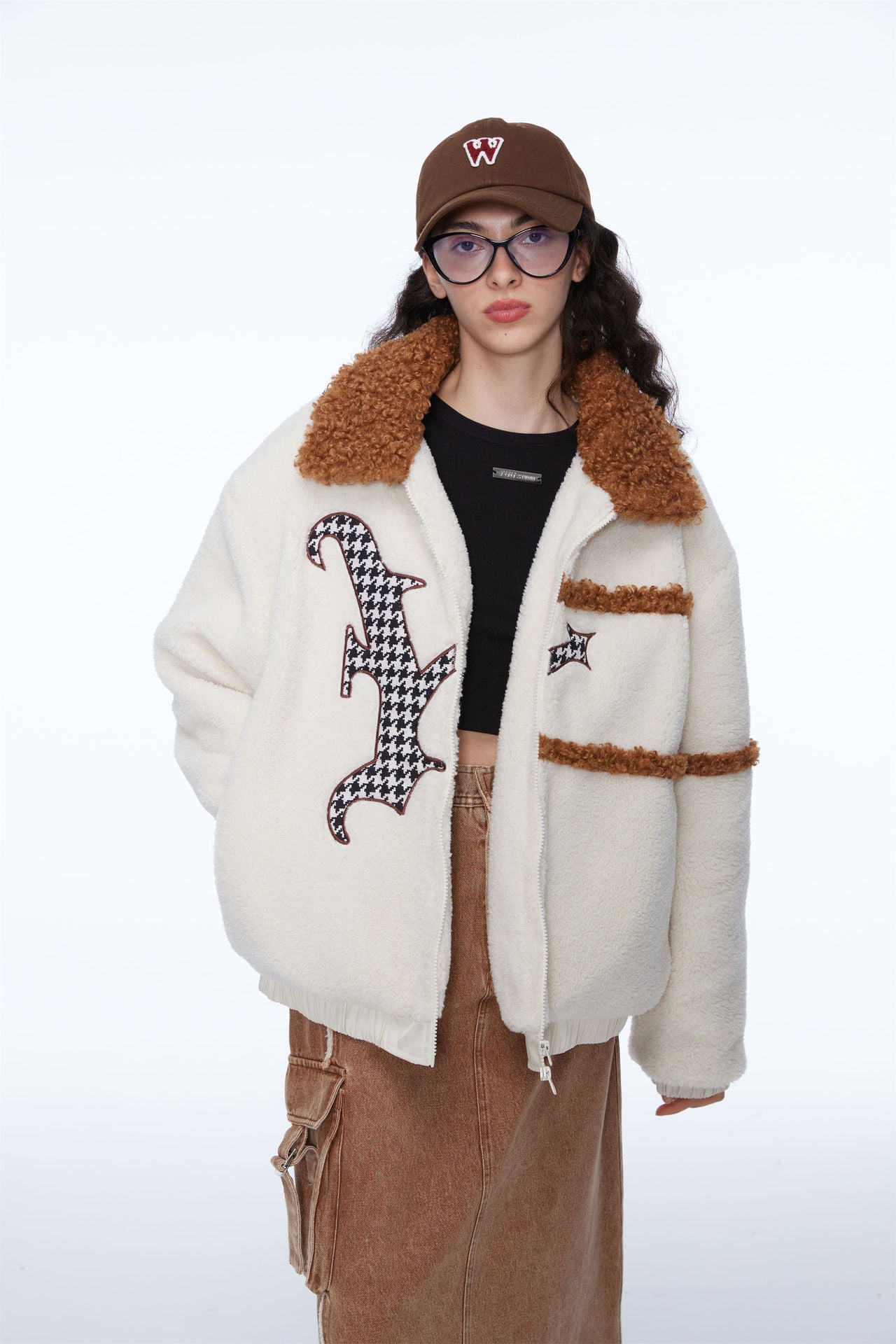 Contrast Color Lamb Wool Embroidered Lapel Cotton Coat Jacket