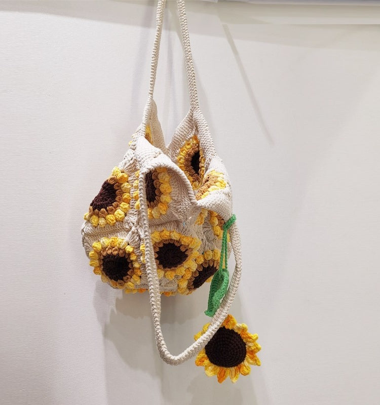 Material para bolso de hombro con girasoles tridimensionales, tejido de lana, hecho a mano