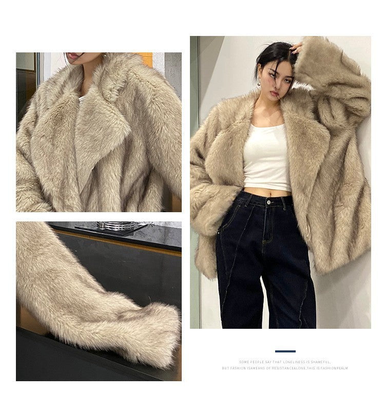 Coat Fur Collar Coat Women's Fashion Loose And Lazy Style Mid-length Artificial Wool