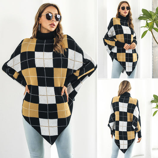 Abrigo estilo suéter con capa de jacquard a cuadros de longitud media para mujer