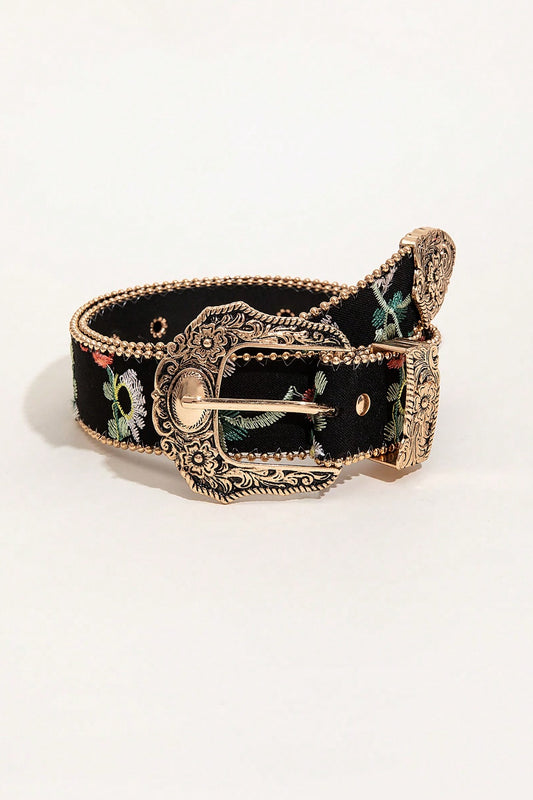 Embroidered PU Leather Adjustable Buckle Belt