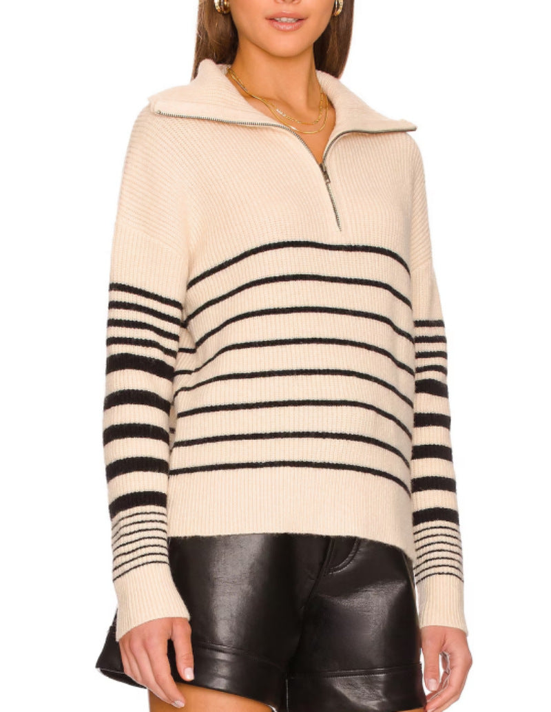 Striped Color Matching Long-sleeve Women's Top Zipper Pullover