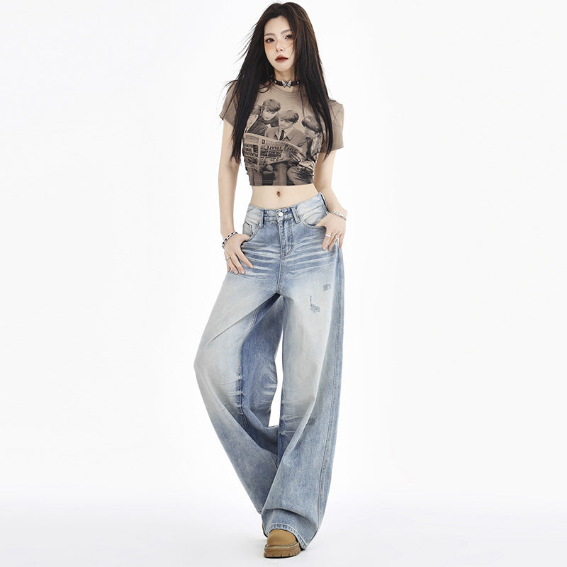 Denim de pierna recta blanco retro de moda para mujer