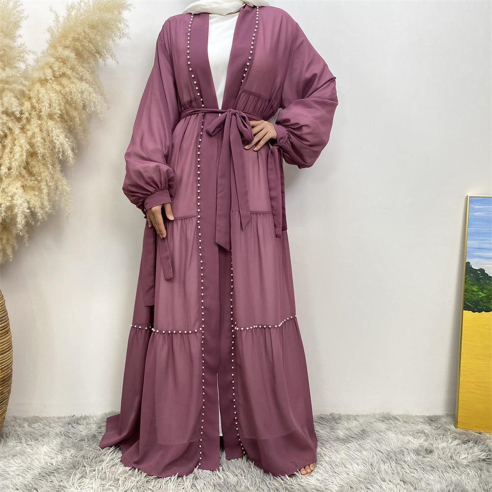 Elegante, einfarbige, perlenbesetzte muslimische Strickjacke aus Chiffon mit Schnürung