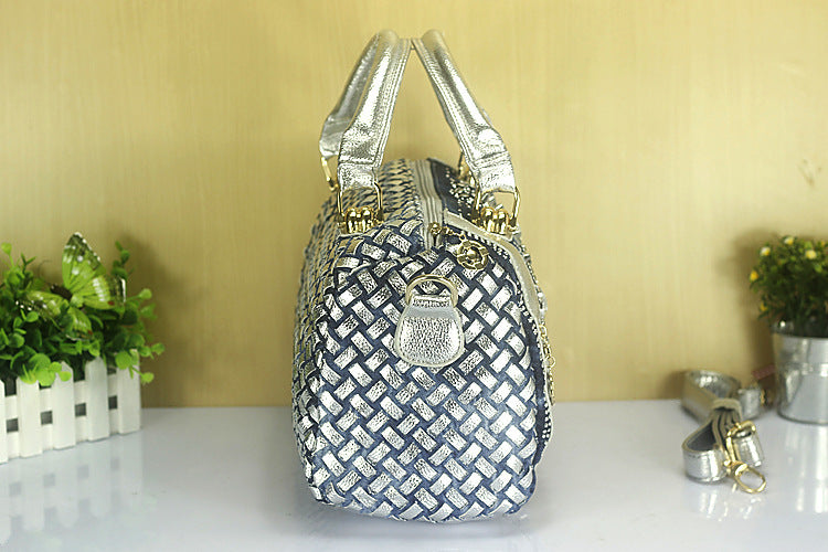 Denim Tasche Leinwand Gürtel Strass Geflochtene Nieten Runde Eimer Crossbody Schulter