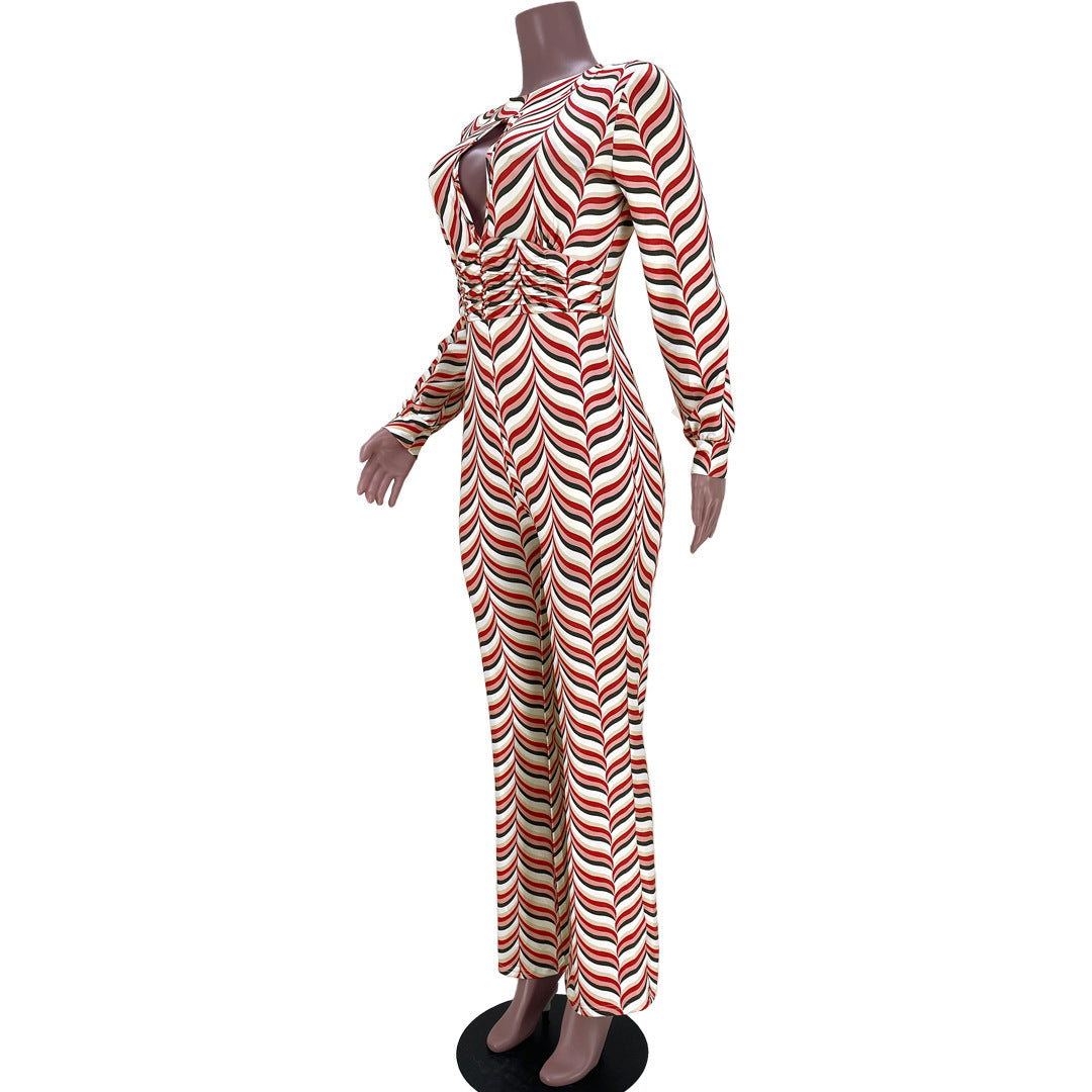 Cutout Nipped Waist Smocked Print Flared Jumpsuit