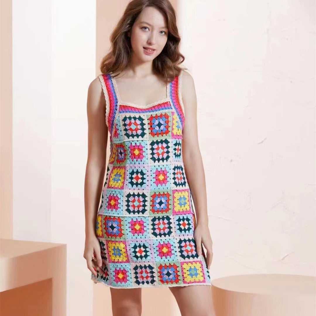 Ethnic Style Contrast Color Heavy Industry Crochet Cutout Sling Dress