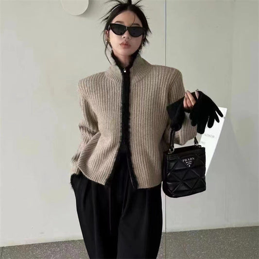 Cárdigan de suéter con cremallera de estilo inactivo de punto de manga larga de color de contraste dulce para Mujer