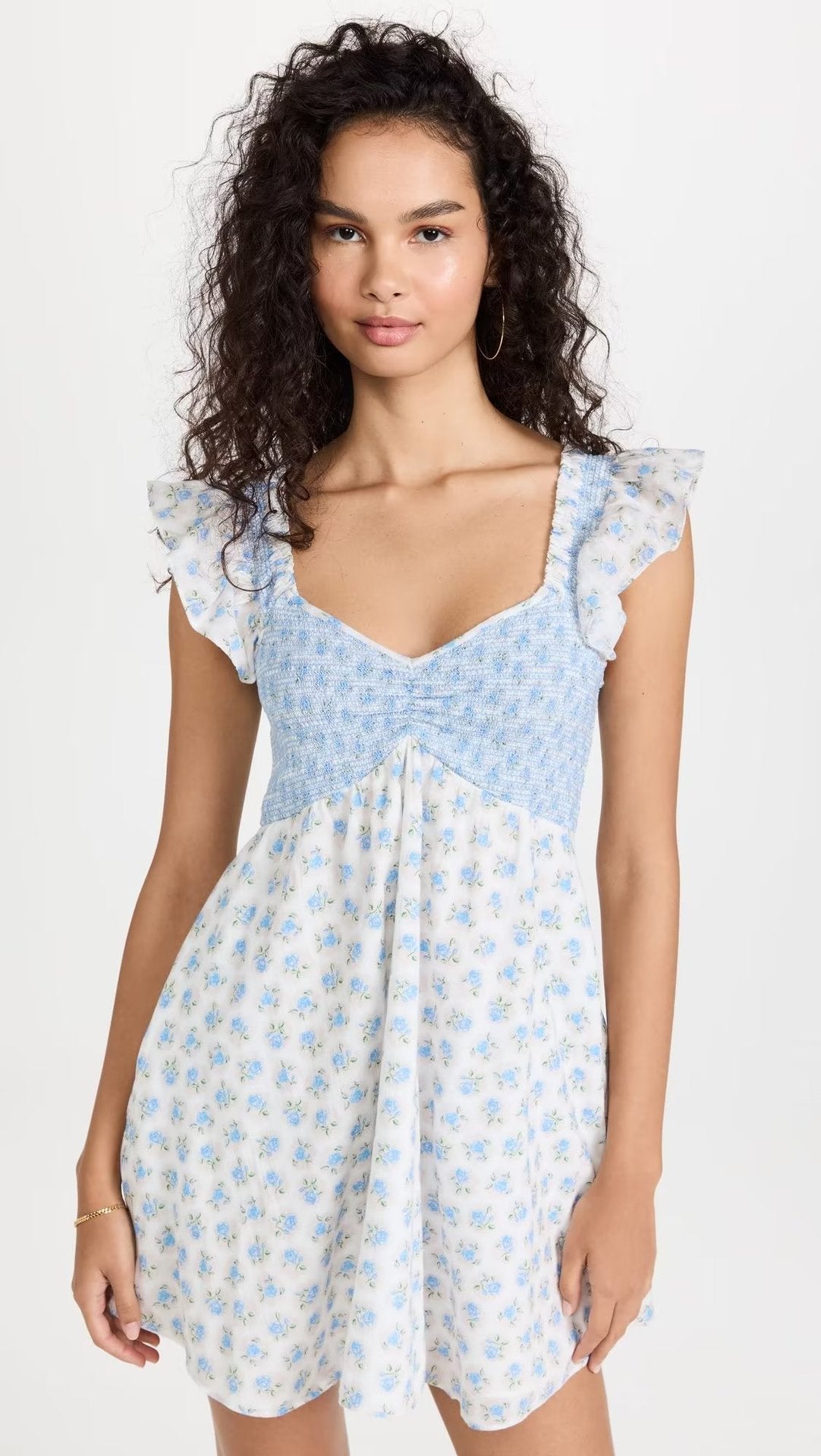 French Vacation Style Small Blue Flowers Elastic Loose Dress