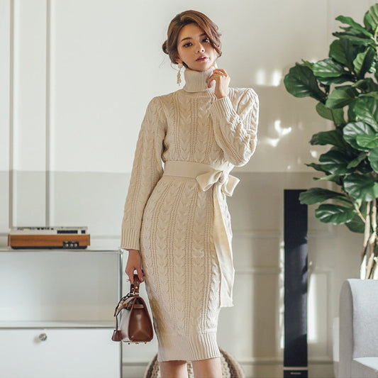 High Collar Twist Lace-up Waist Mid-length Sweater Dress