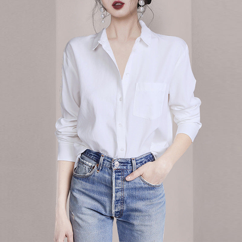 Camisa blanca ajustada a la moda de manga larga para mujer