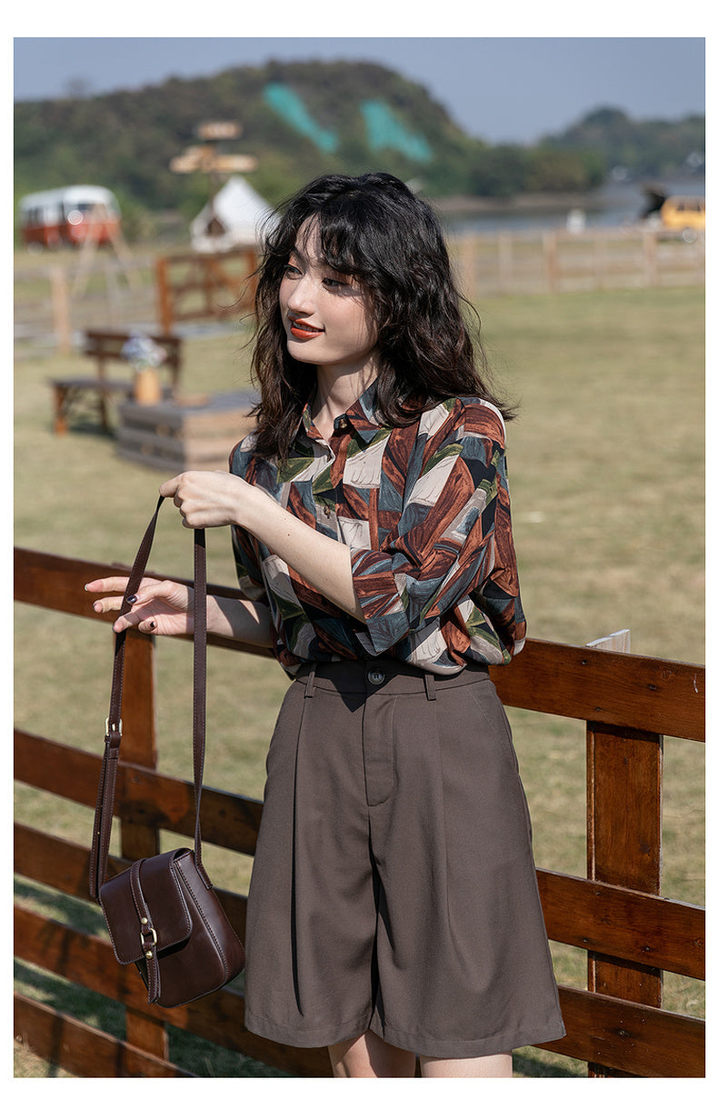 Camisa de flores de manga larga estilo Retro de Hong Kong, Top holgado de primavera y otoño