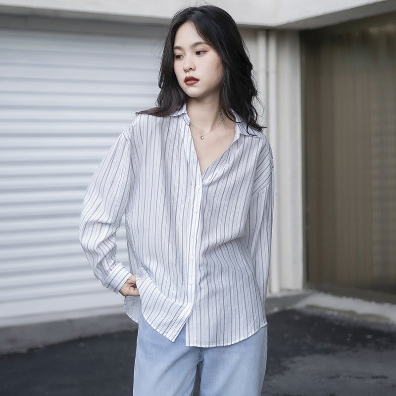 Striped Lazy Style Shirt Lapel Is Thin And Long Sleeves