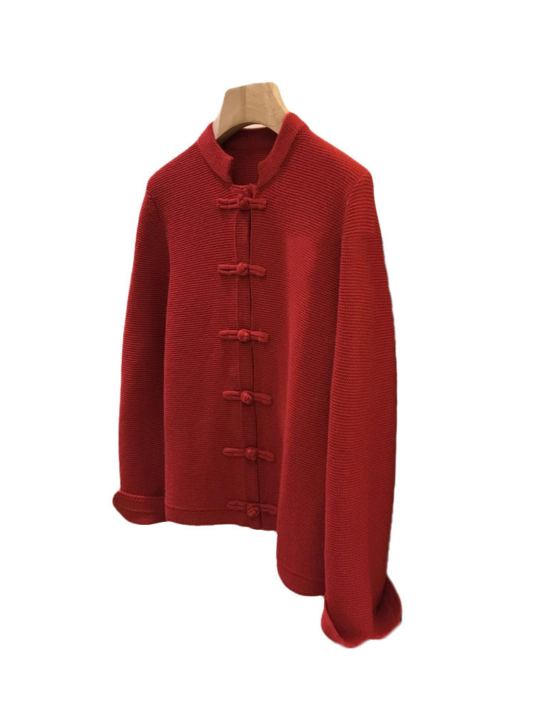 Chinese Red New Chinese Style Buckle Knitted Cardigan Sweater For Women