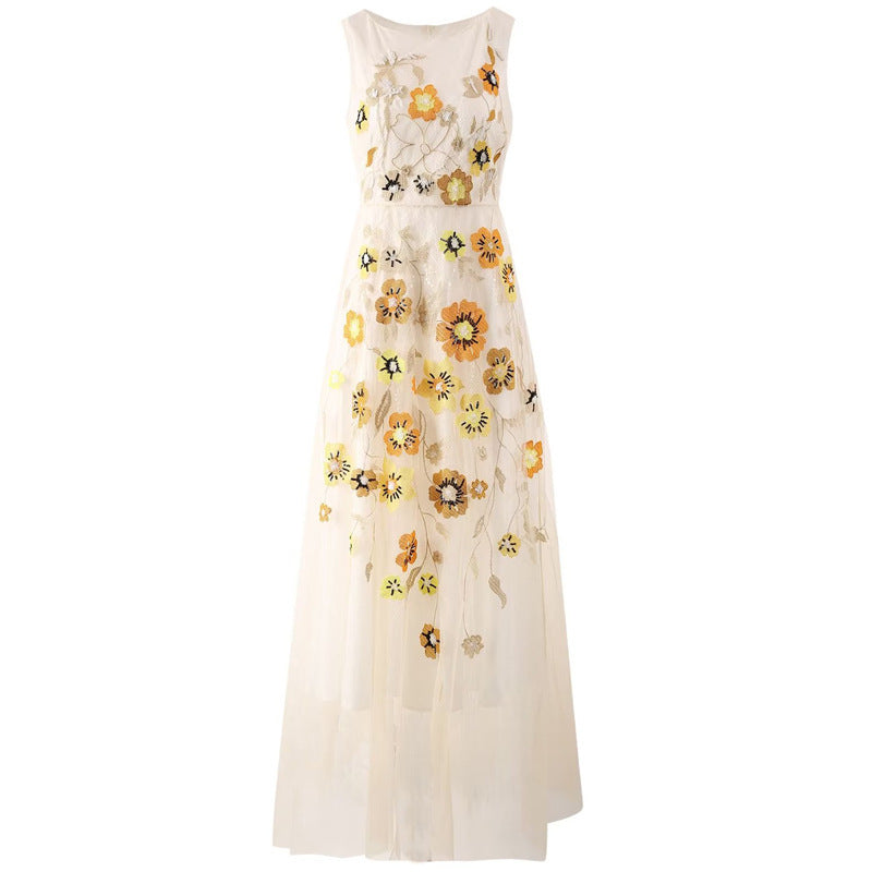 Exquisite Stickerei Blumen Pailletten Ärmelloses Apricot Swing Langes Kleid