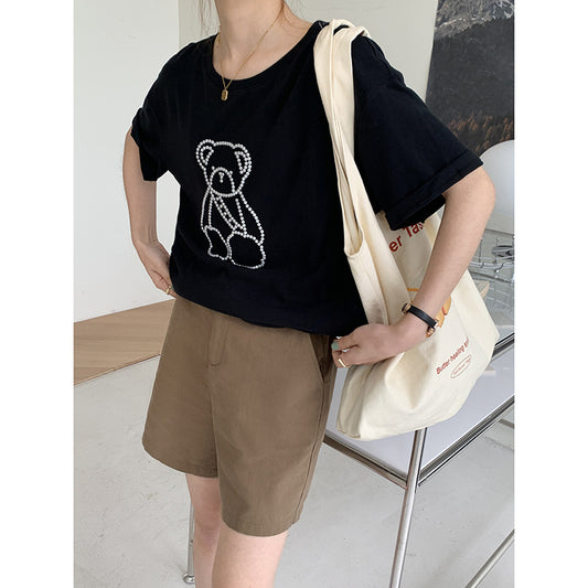 Damen-T-Shirt mit Rundhalsausschnitt und losen Perlen und Bärenmuster