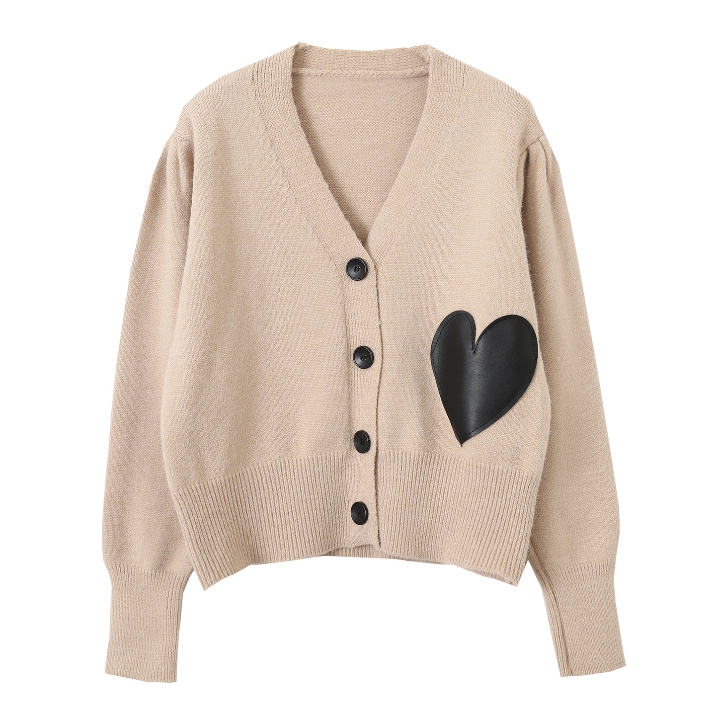 Contrasting Color Leather Label Big Love V-neck Knitted Cardigan