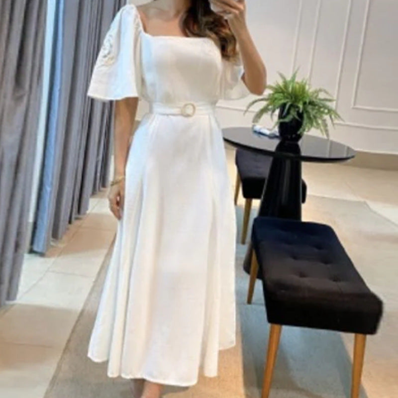 Women's Square Collar Petal Sleeve High Waist Pure Color Long Dress